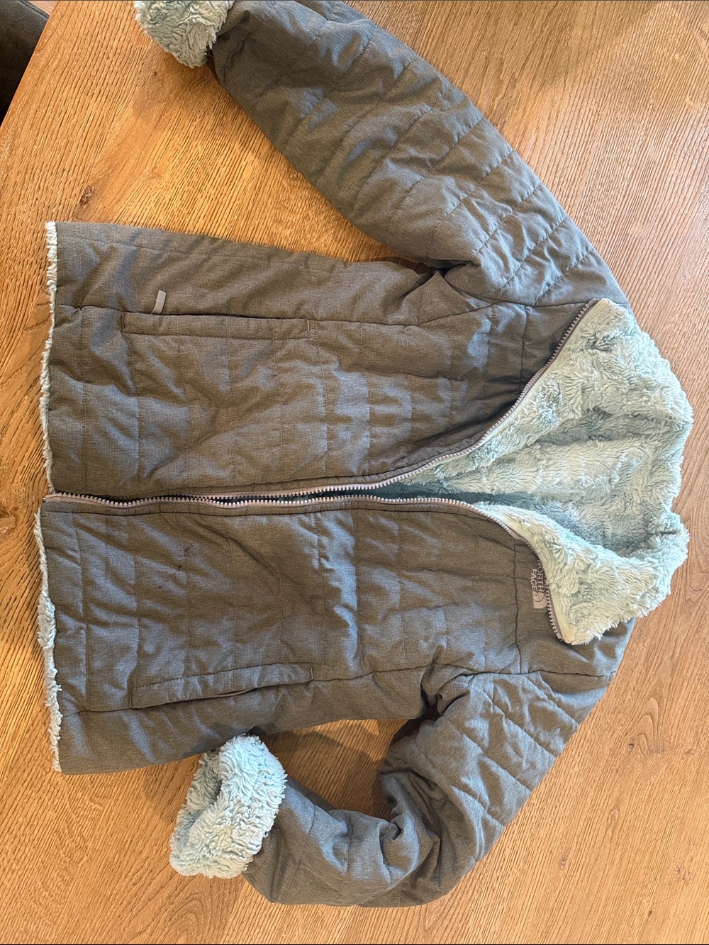 The North Face Quilted Puffer Jacket in Gray with Light Blue Plush Lining